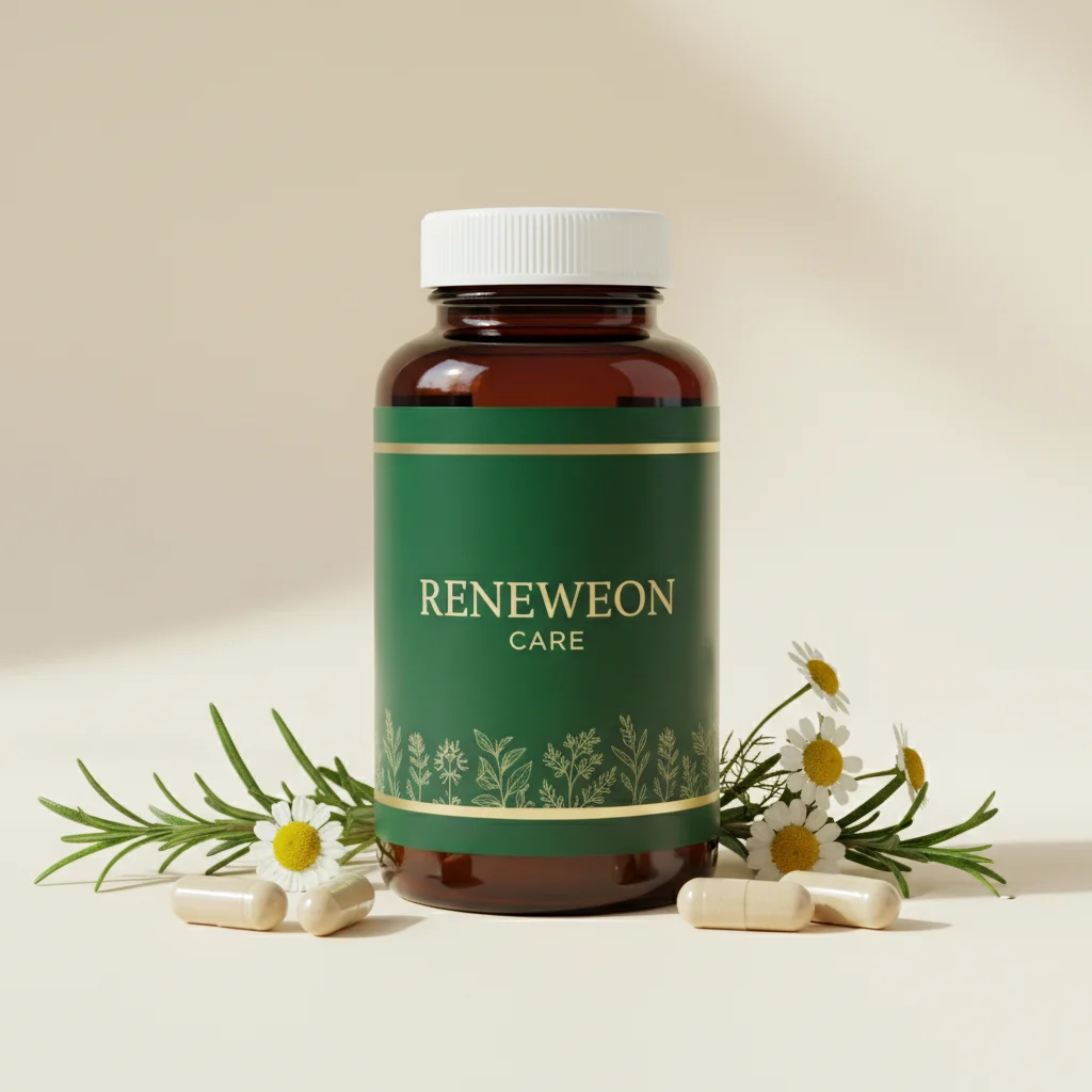 Reneweon Care -ravintolisäpullo, valkoinen apteekkipullo sinisellä etiketillä